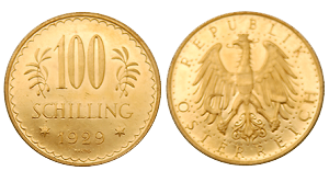 Zlatá minca Schilling Rakúsko 100 ATS strana s hodnotou