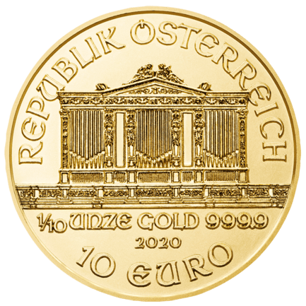 Золото 1/10 унции Венская филармония 10 евро реверс