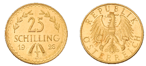 Zlatá minca Schilling Rakúsko 25 ATS strana s hodnotou