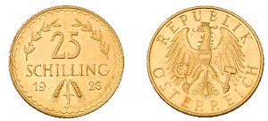 Shilling gold coin Austria 25 ATS value side