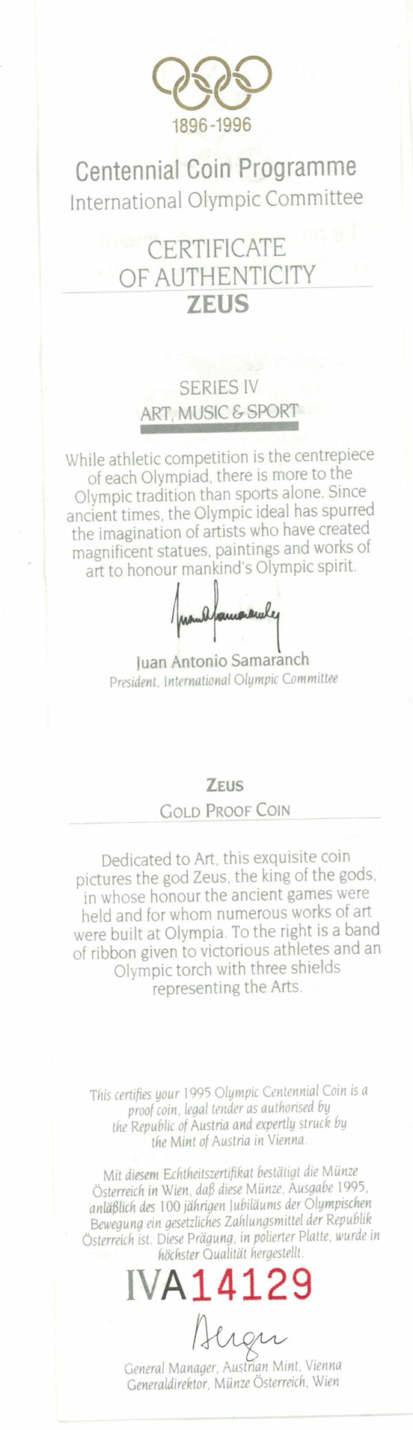 Echtheitszertifikat "Zeus"