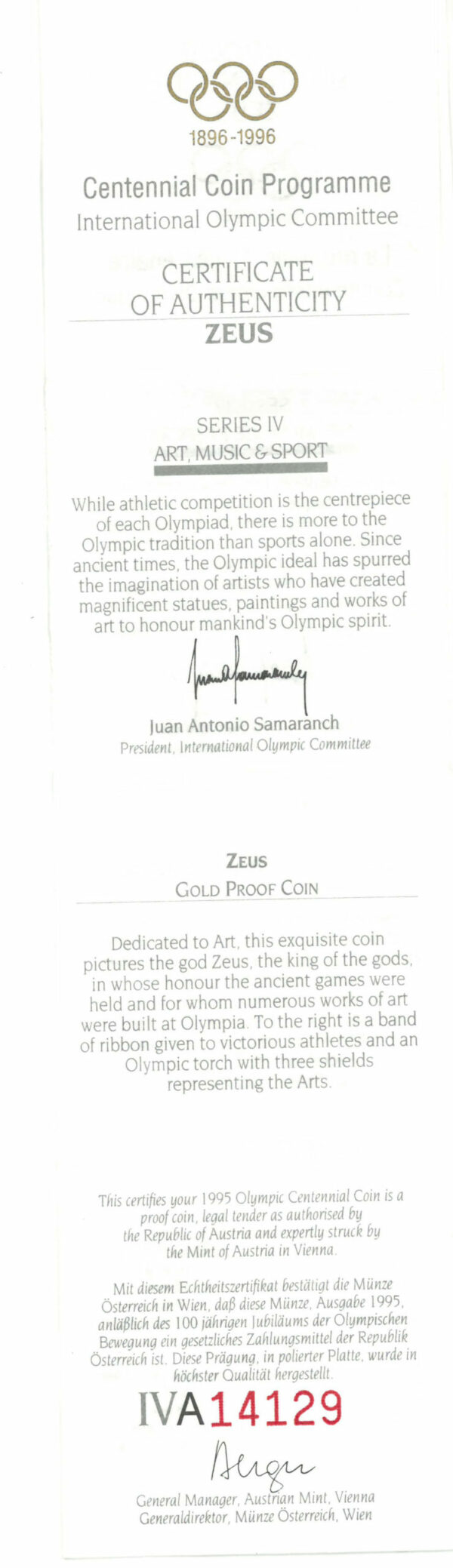 Zeus&quot; certificate of authenticity
