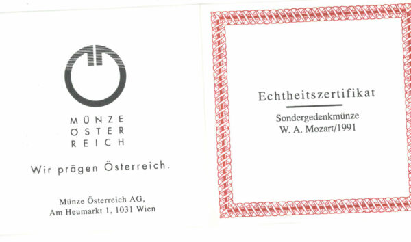 Certificate of authenticity &quot;W.A. Mozart