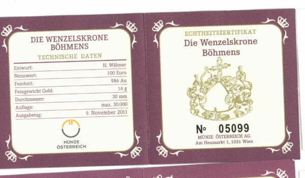 Echtheitszertifikat "Die Wenzelskrone Böhmens"