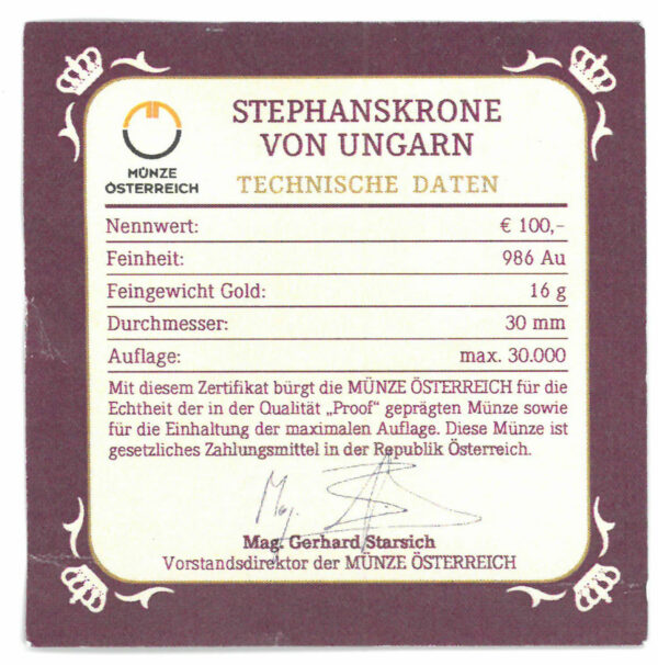 Certifikát pravosti &quot;Svätoštefanská koruna Uhorska