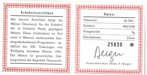 Certificate of authenticity &quot;W.A. Mozart