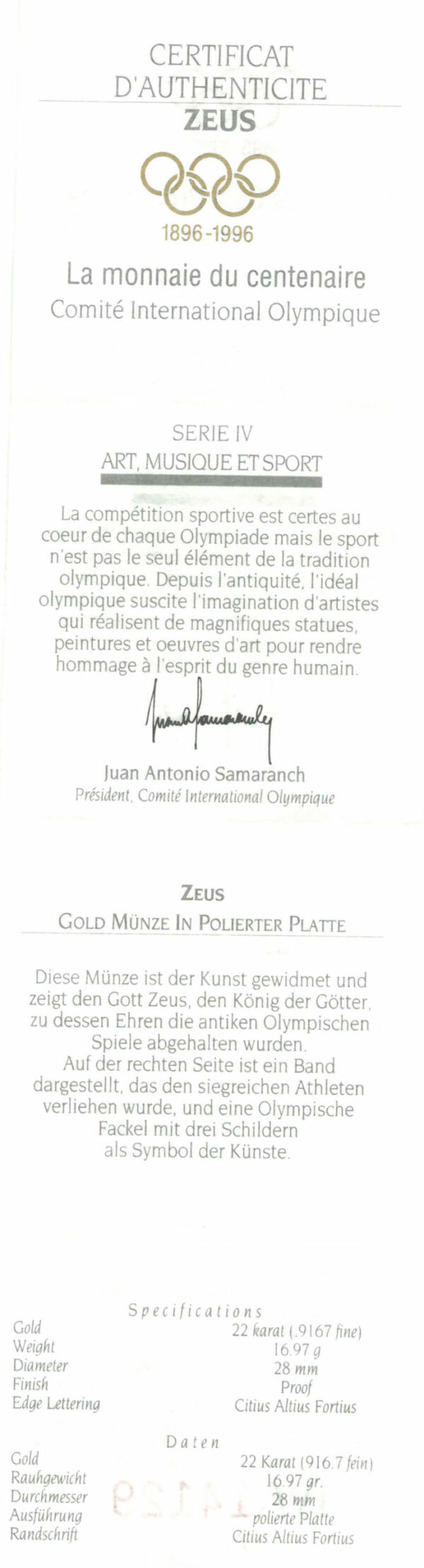 Certificate of authenticity &quot;Zeus