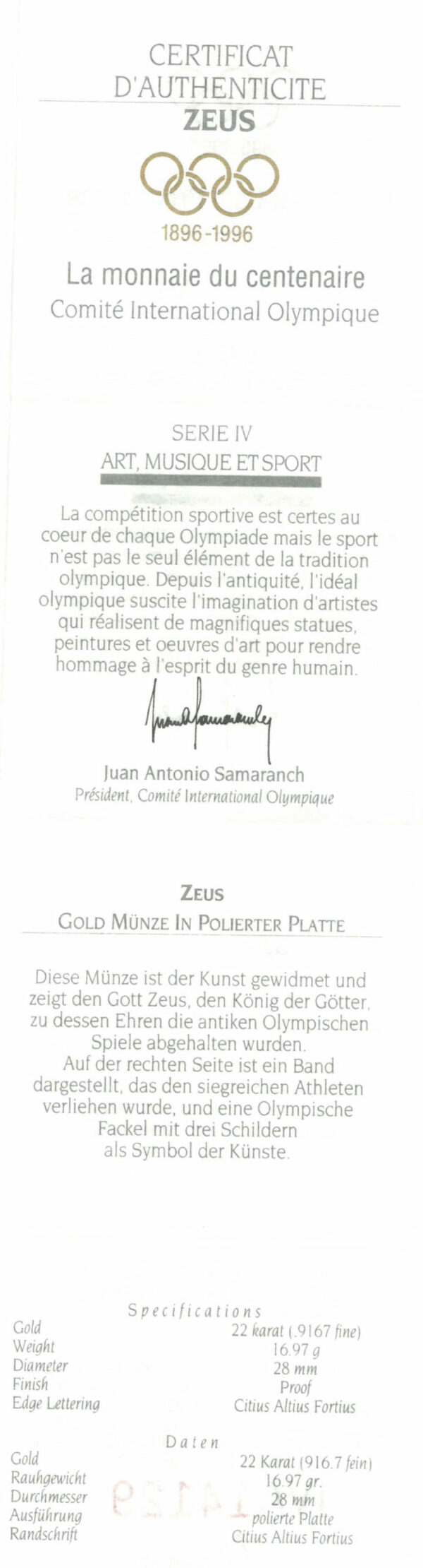 Zeus&quot; certificate of authenticity