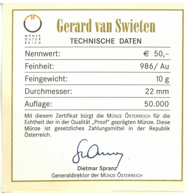 Certifikát pravosti &quot;Gerard van Swieten