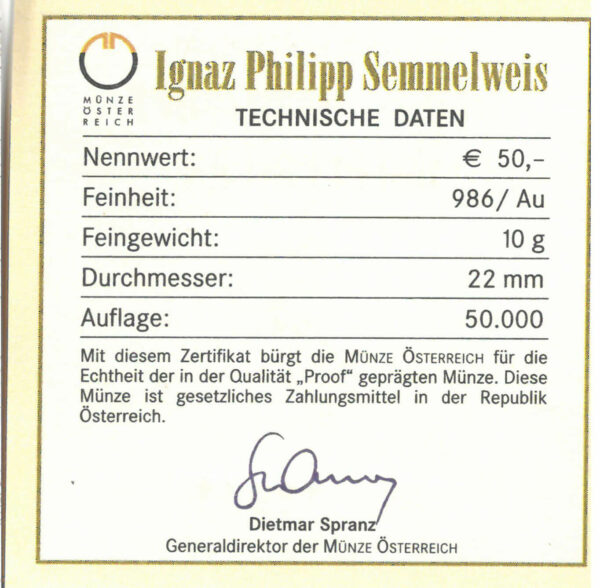 Echtheitszertifikat "Ignanz Philipp Semmelweis"