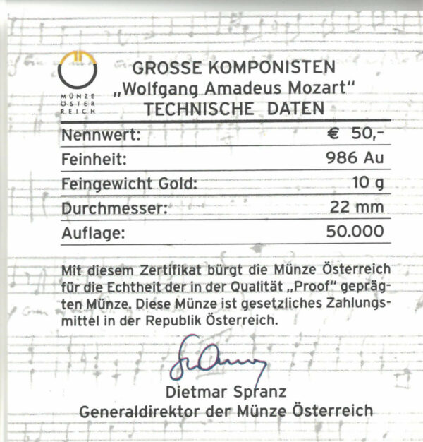 Orijinallik Sertifikası &quot;Wolfgang Amadeus Mozart