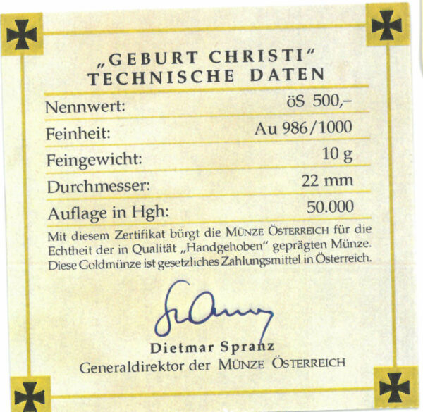 Certificate of authenticity &quot;Birth of Christ