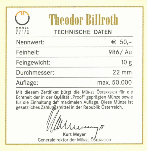 Echtheitszertifikat "Theodor Billroth"