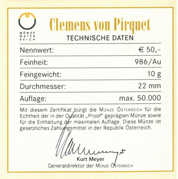 Certifikát pravosti &quot;Clemens von Pirquet