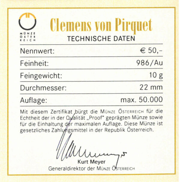 Echtheitszertifikat "Clemens von Pirquet"