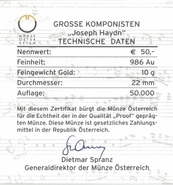 Certificate of authenticity &quot;Joseph Haydn