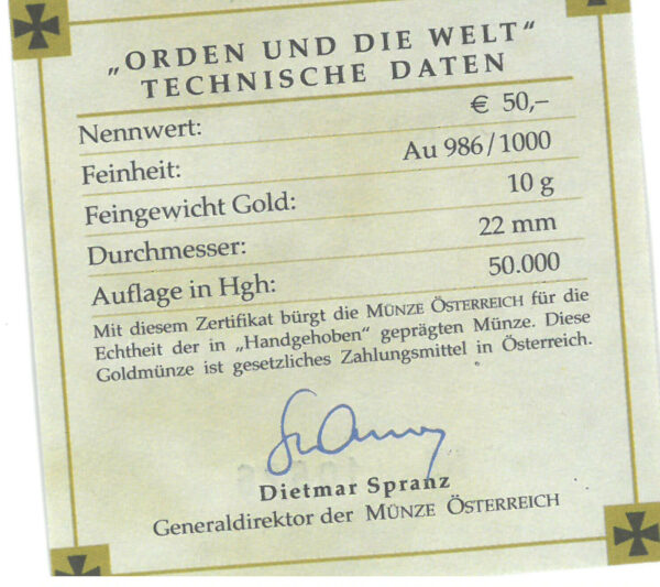 Certificate of authenticity &quot;Order and the world