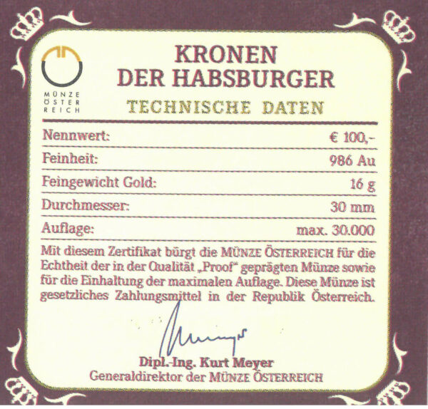 Echtheitszertifikat "Die Kronen der Habsburger"