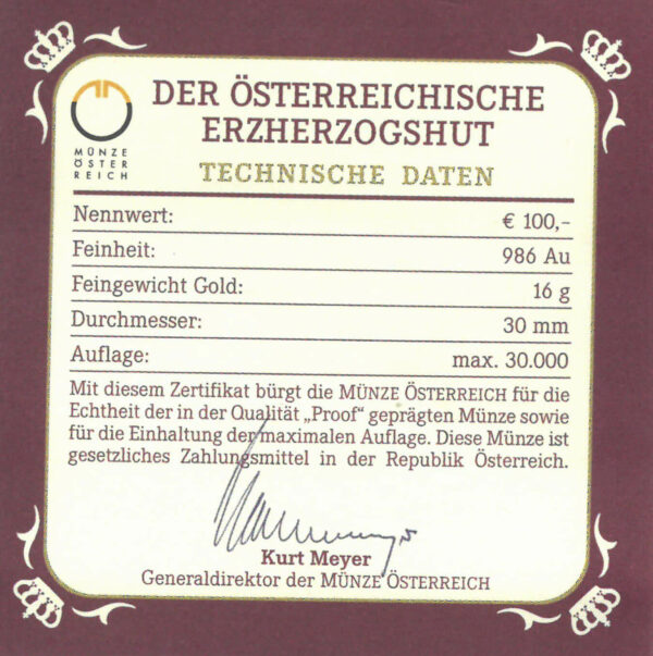 Echtheitszertifikat "Der österreichische Erzherzogshut"