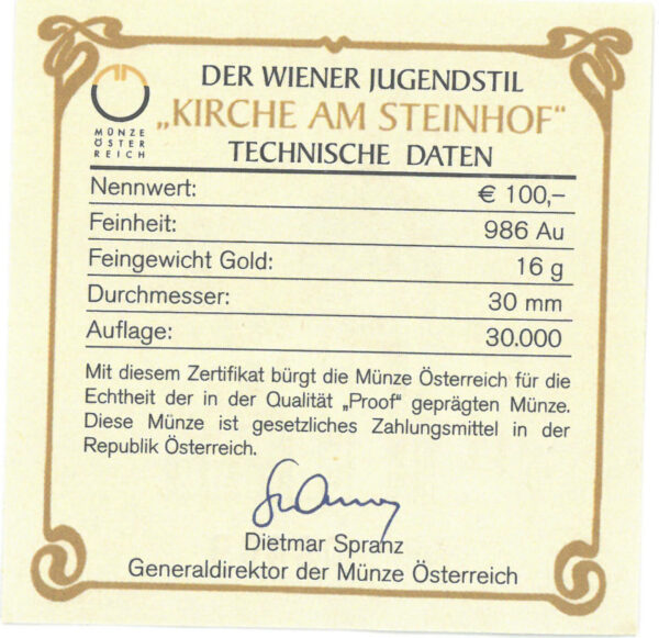 Echtheitszertifikat "Kirche am Steinhof"